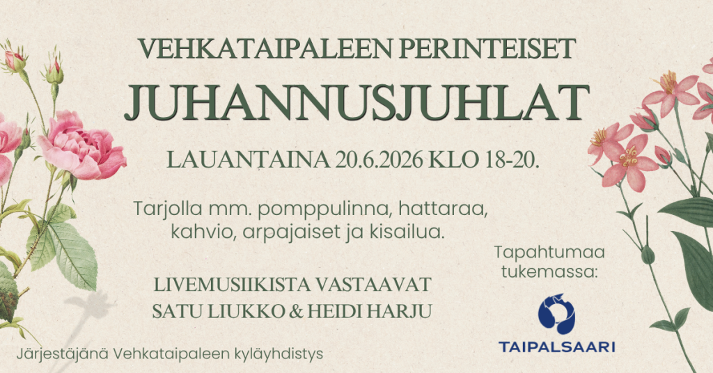 Juhannusjuhlien mainos jossa kerrotaan tapahtuman ohjelmasta ja esiintyjistä sekä mainitaan järjestäjätahot